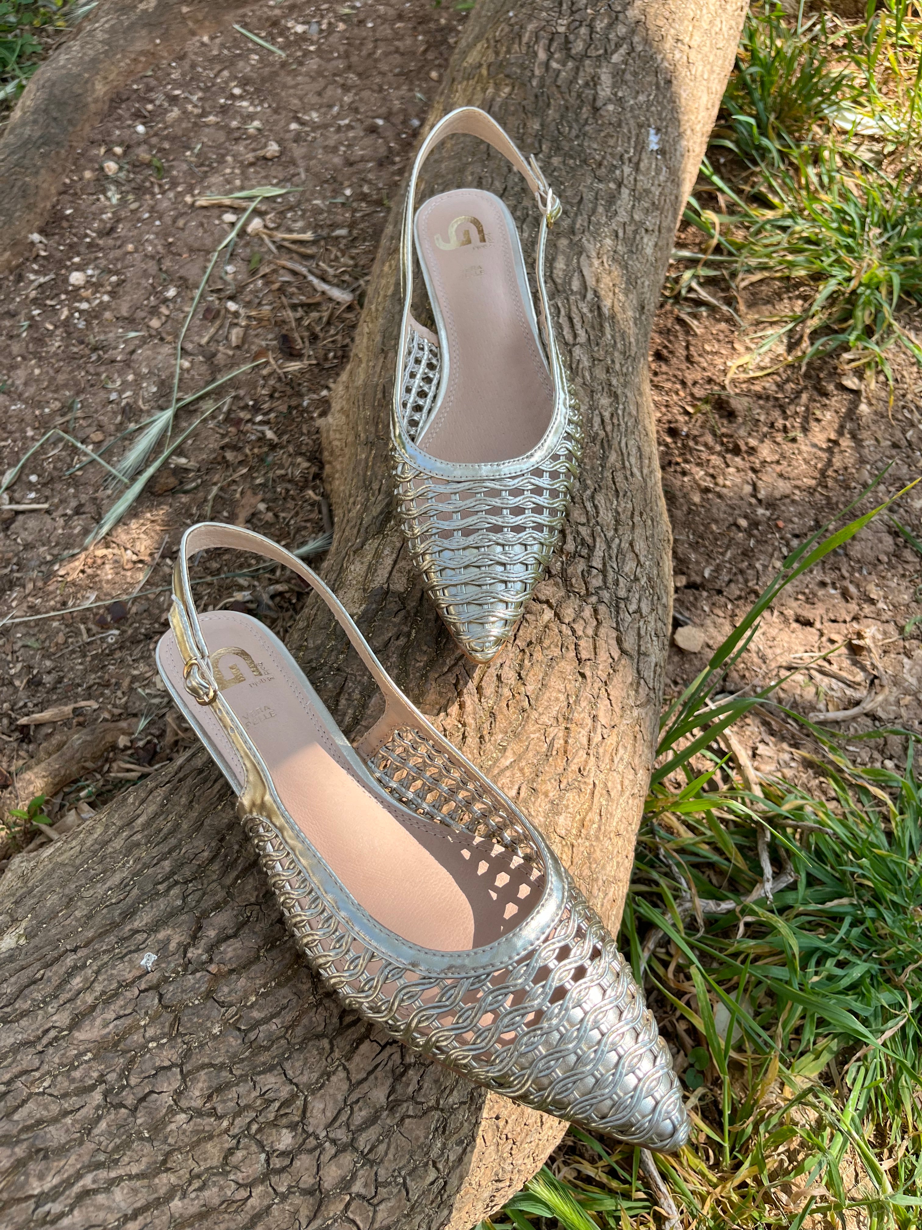 Slingback Intrecciata Oro con Tacco 6 cm