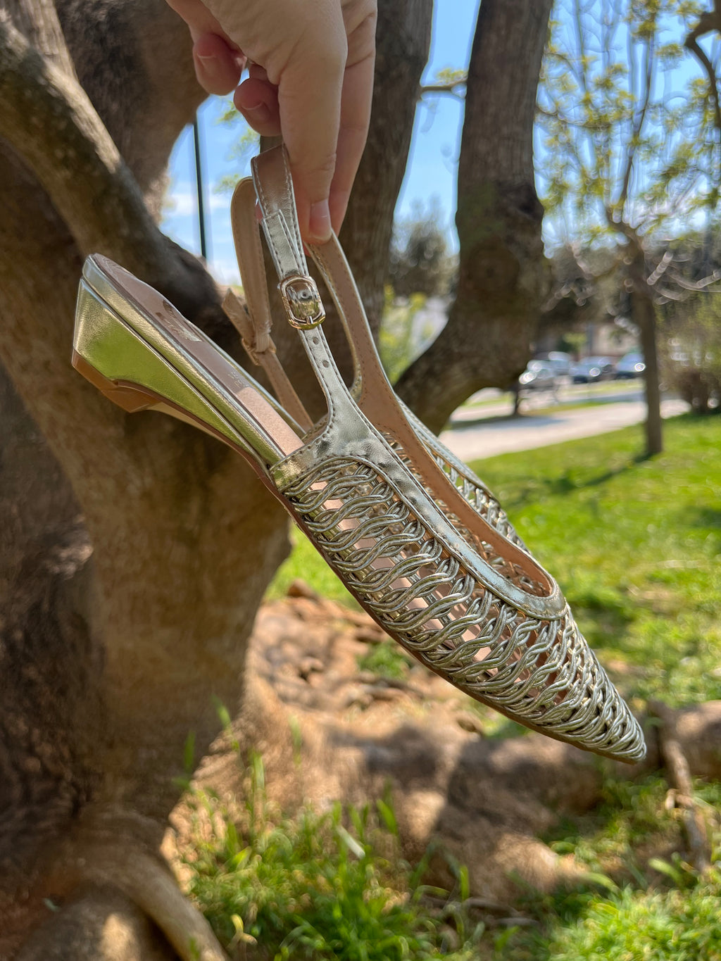 Slingback Intrecciata Oro con Tacco 6 cm